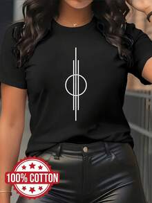-Women's 180g Graphic Print Shirt - Artistic Design And White, Round Neck, Short Sleeves, Casual Top, Washable, -Women's Shirts, Everyday Top, Minimalist Design, Quality Seams, Printed T-Shirt, Women's, Weekend Style. - Black - View 4