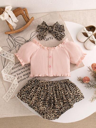 Summer Baby Girls Cute Ruffle Trim Top & Leopard Print Romper 2-Piece Outfit