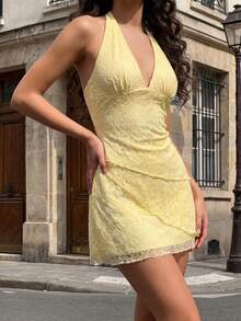Women's Light Yellow Lace Halter Mini Dress Backless Sleeveless Fit And Flare Short Dress Summer Fall Romantic Vacation Resort Date Party Festival - Yellow - View 6