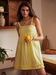 Lullawish Vestido de salón informal con volantes y estampado jacquard cómodo y holgado para vacaciones estilo bohemio de mujer - Amarillo - Ver 6