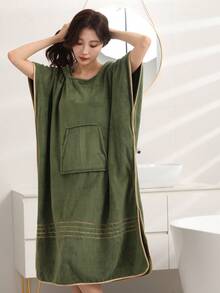 1pc Women's Soft Absorbent Hooded Sleeveless Solid Color Minimalist Plus Size Bathrobe, Suitable For All Seasons, Wearable Cute Poncho, Quick-Dry Changing Robe, Hooded Towel Poncho, Outdoor Beach Surfing Swimming Changing Gown - Dark Green - View 5