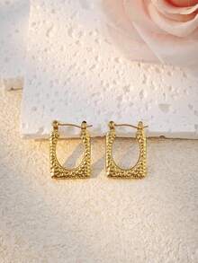 Gold Hammered Rectangle Hoop Earrings For Women, Stainless Steel Jewelry Hypoallergenic Geometric Earrings, Birthday Wedding Vacation Gifts For Women - Gold - View 9