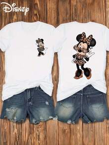 Disney Women's T-Shirt A Minnie Double-Sided Printed Soft And Elastic Casual Short-Sleeved Top With A Leopard Print Bow And Fashion Glasses By A Fashionable Short-Sleeved Round-Neck T-Shirt, Women's Wear - 白色 - 查看 6