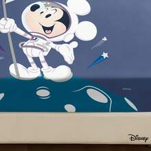 Bộ đồ giường 3 món Disney hình chuột Mickey mặc bộ đồ phi hành gia đáng yêu, gồm ga trải giường và 2 vỏ gối, màu xanh đậm, họa tiết hành tinh. - Bộ ga trải giường vừa vặn - Xem 2