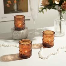 enyetuen 36 Pack Small Amber Glass Tealight Candle Holders, Bohemian Fall Table Centerpiece Decor, Multipurpose Mini Glass Cups For Indoor Home Ornaments, Autumn Themed Decor For Parties And Boho Style Holiday Arrangements - 琥珀 - 查看 5
