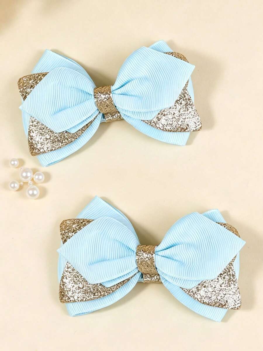 2 chiếc kẹp tóc nơ lấp lánh màu xanh dương, phụ kiện tóc thường ngày đa năng, lựa chọn quà tặng tuyệt vời. - Màu xanh nhạt - Xem 1