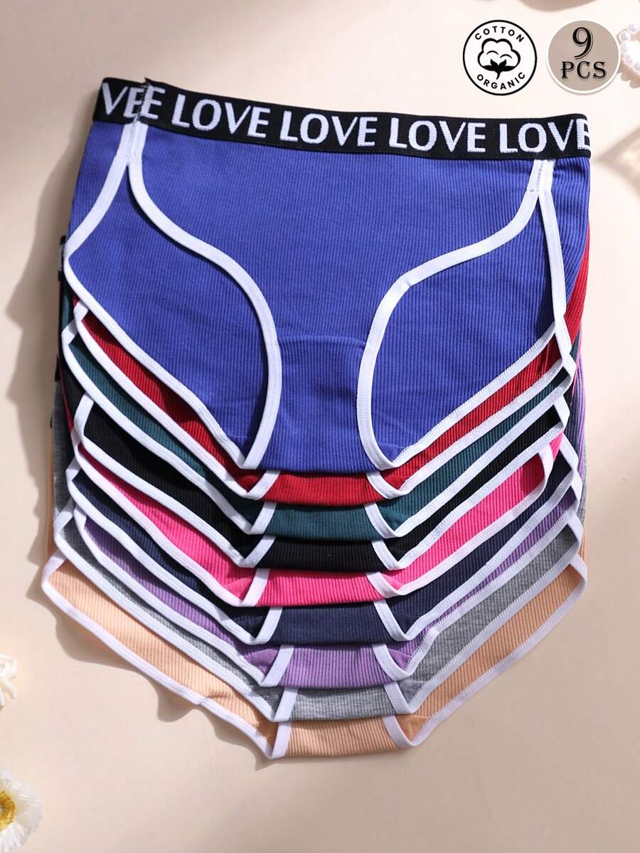 9条装女士性感罗纹纯棉中腰无痕三角裤，分叉LOVE字母腰带，柔软舒适透气，适合瑜伽、运动和日常穿着。