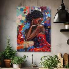 Plano 2D, 1 pieza Pintura al óleo abstracta de mujer africana - Póster de lienzo sin marco de arte africano moderno, con mujer en vestido rojo, decoración de pared adecuada para el hogar, oficina, cafetería, dormitorio, cocina, baño - Obra de arte cultural para decoración, Plano 2D - Enmarcado - Ver 4