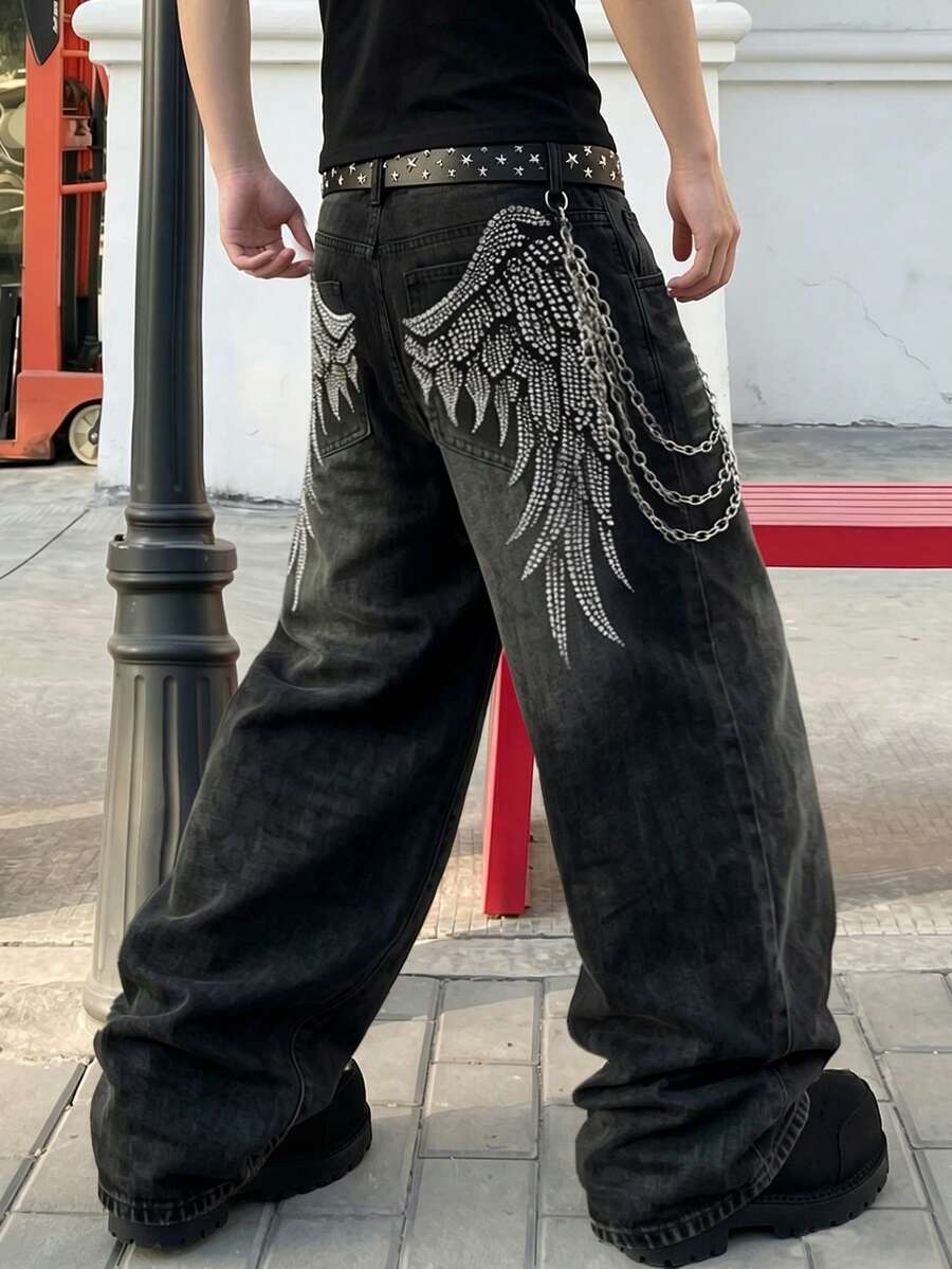 LIYS 男士天使翅膀印花阔腿牛仔裤,街头摇滚休闲裤,送给男友或老公的最佳礼物 - 黑色 - 查看 1