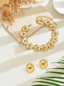 1 Set de 3 piezas de Collar y Aretes de Joyería con Flor de Metal para Mujeres, Elegante para Fiesta, Banquete, Boda, Versátil para San Valentín - Oro amarillo - Ver 3