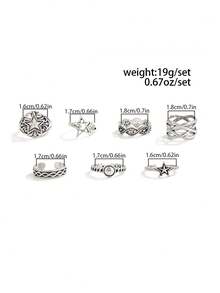 Set de 7 anillos con estilo punk de estrellas y patrones geométricos, para uso casual diario de hombres - Plata antigua - Ver 6