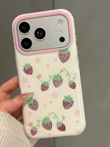 Korean Style Girly Gold-Plated Strawberry & Star 17 Pro Max Phone Case, Minimalist Elegant Protection Cover Compatible With Iphone 17 Pro, 16 Pro, 15 Pro, 14 Pro Max - Pink - View 3