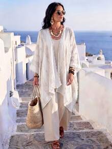 1pc Elegant Floral Pattern Bohemian Embroidered Kimono/Sarong Shawl, Women's Spring/Summer Beach Cover-Up, Lightweight Versatile Luxury Accessory, Ideal For Daily Wear And Gift - White - View 7