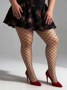 1pc Women's Plus Size Fishnet Tights, Sexy Fashion Fishnet Stockings, Hollow Out Pantyhose, Basic Versatile Leggings, Suitable For Halloween, Christmas, Party, Daily Wear - Black - View 7