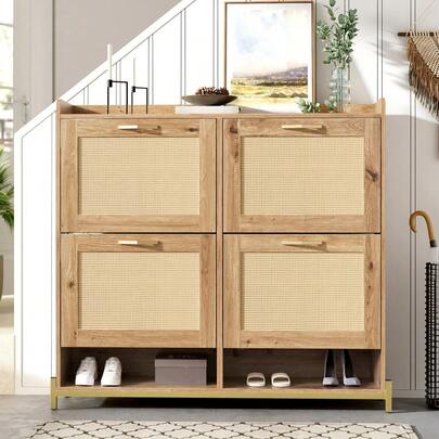 Elegant Wooden Shoe Cabinet With Rattan Doors: 4 Doors, Metal Frame And Top Shelf For Stylish And Organized Storage.