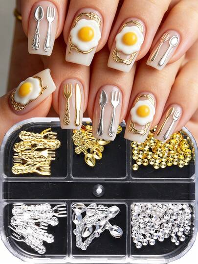 Gold Silver Funny Mini Cutlery Nail Art Decoration Metal Rivet Y2K Cute Spoon Fork Dollhouse Miniature Kitchen Nail Art Jewelry Nail Art Decor Nail Art Gems Nails