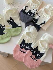 5 đôi tất in hình mèo, tất hoạt hình mèo dễ thương, mỏng nhẹ cho mùa xuân/hè, tất đi thuyền chống trượt bằng silicon. - Nhiều màu - Xem 5