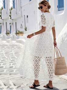 Vestido elegante casual de mujer con cuello en V, manga corta, cintura ceñida, ajuste ceñido y encaje - Blanco - Ver 1