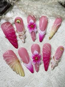 Handmade Solid Pink 3D Nail Art, French Manicure 3D Floral Shell Nail Decor, Summer Almond Shape False Nails For Women - Hot Pink - View 3