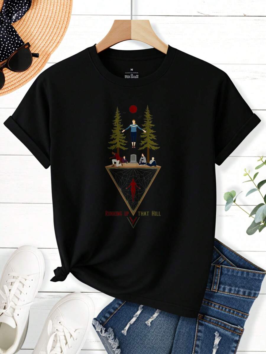 Running Up That Hill Pink Disco Ball Print Women's Inspiration T-Shirt Short Round-Neck Top - White Light Spring And Summer Casual Holiday Fantasy Design And Iconic Quotes - Machine Washable Comf - Black - View 1