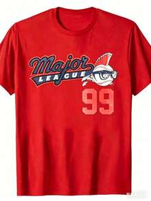 180g Vintage Baseball Pattern T-Shirt - 180g Heavyweight Crew Neck Short-Sleeve Shirt, MAJOR LEAGUE 99 Print, Loose Casual Fit, Machine Washable - 紅色 - 查看 1