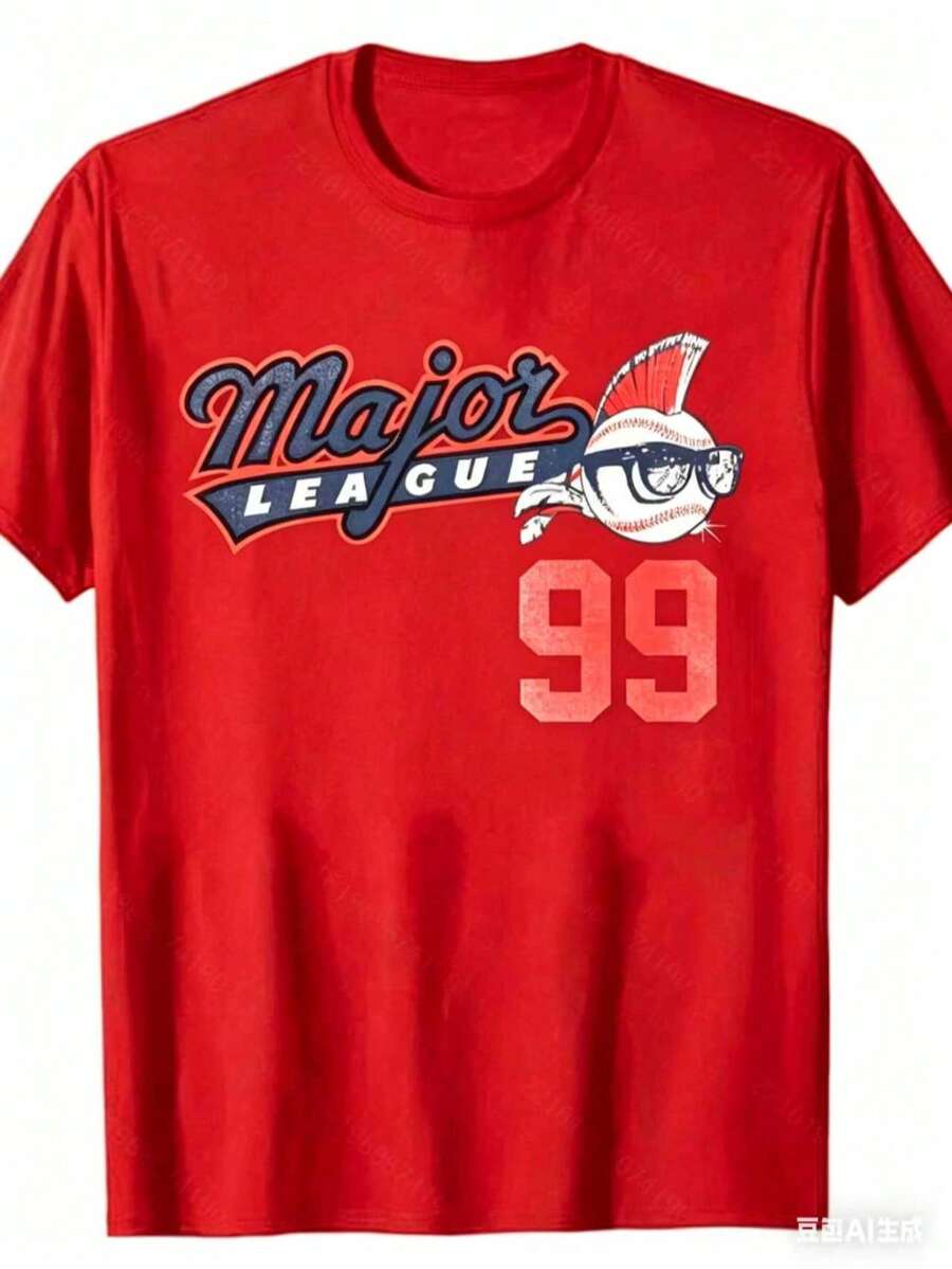 180g Vintage Baseball Pattern T-Shirt - 180g Heavyweight Crew Neck Short-Sleeve Shirt, MAJOR LEAGUE 99 Print, Loose Casual Fit, Machine Washable - 紅色 - 查看 1