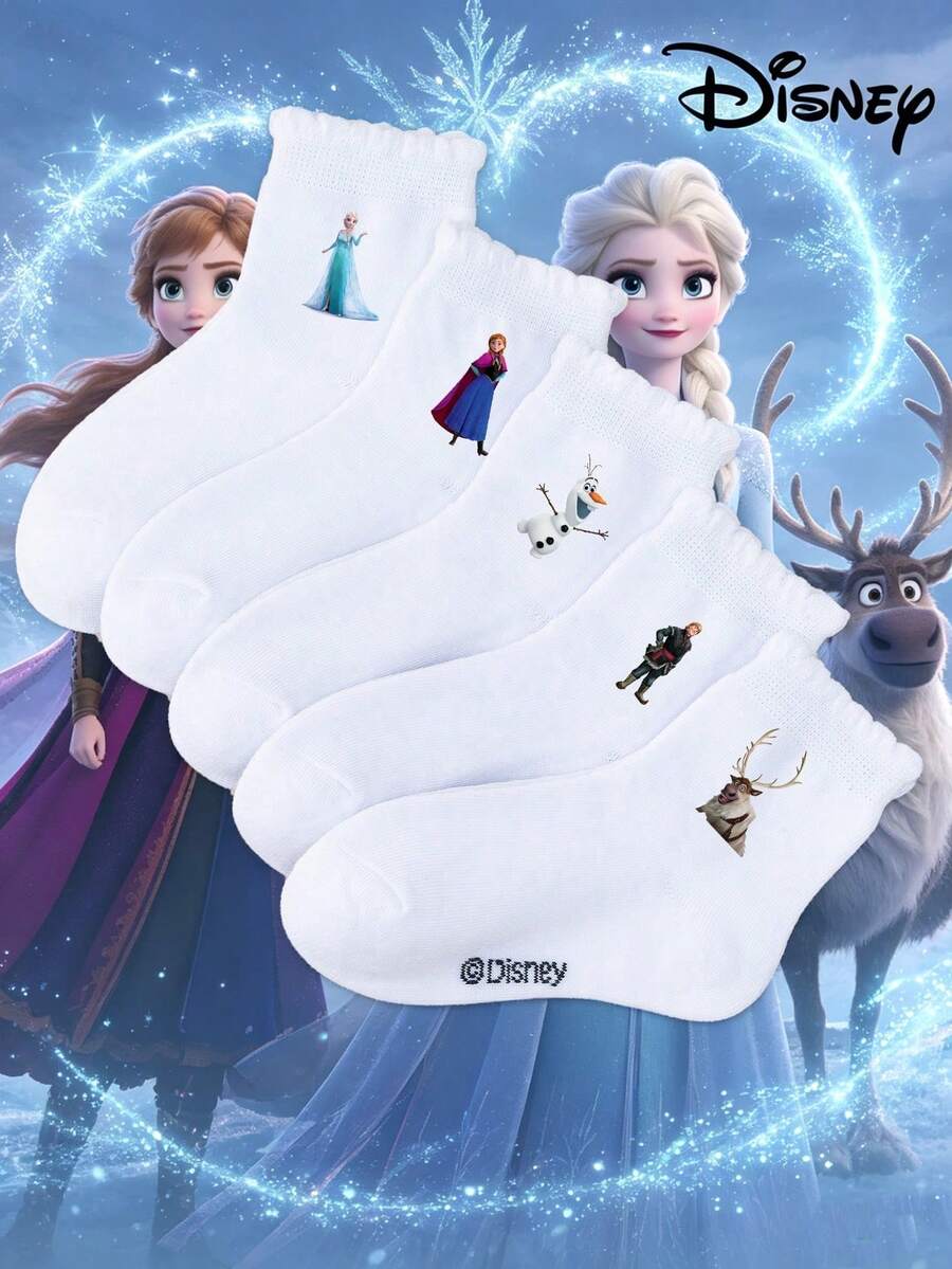 Disney (1/5双)冰雪奇缘主题黑条纹白中筒袜,女童短袜,柔软透气防滑休闲袜,可爱百搭,适合日常穿着/派对礼物/复活节/夏季,多种颜色可选,蓝色系列,卡通风格,简约百搭礼品袜,少女学生运动短袜 - 彩色 - 查看 1