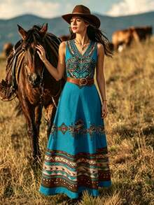 VEXHEIMA Western Style 2026 New Arrivals Women's Fashion: Western-Print Bohemian V-Neck Sleeveless Long Dress For Everyday Wear - Blue - View 4