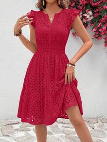 PRETTYGARDEN Women's Summer Dresses Eyelet Cap Sleeve V Neck Short Boho Wedding Guest Graduation Dress Beach Vacation Sundresses Dresses For Women - 紅色 - 查看 3