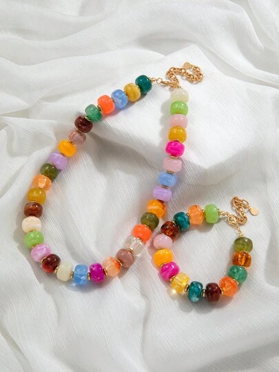 Set de 2 piezas de collar y pulsera con cuentas de acrílico con aspecto de jade en color contrastante estilo retro Y2K, joyería bohemia para mujeres, adecuada para uso diario, fiestas, festivales de música y viajes (disposición de cuentas aleatoria)