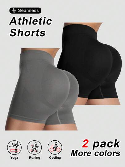 2pcs Women's Seamless High Waist Elastic Sports Shorts, Basic Butt Lifting & Tummy Control Shorts, Suitable For Fitness, Yoga, Running, Cycling And Daily Wear, Summer