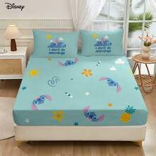 Bộ 3 món Disney Lazy Stitch họa tiết hoa dứa, ga trải giường và 2 vỏ gối, màu xanh nhạt ấm áp, tạo cảm giác thư giãn cho phòng ngủ. - Bộ ga trải giường vừa vặn - Xem 1