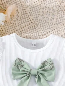 2 pezzi/Set Outfit stile dolce per bambine, Top a costine lavorato a maglia con decorazione a fiocco e stampa a cuore + Gonna plissettata in tessuto, Maniche a palloncino, Gonna plissettata a-line, Estate - Verde - Visualizzare 6
