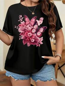 Women's Short-Sleeved T-Shirt With Floral And Butterfly Print - A Comfortable And Breathable Casual Top For Spring And Summer, Made Of Black Fabric Adorned With Pink Flowers And Butterflies, Ideal For Everyday Wear. | Butterfly Print T-Shirt | Relaxed Sleep - Black - View 6