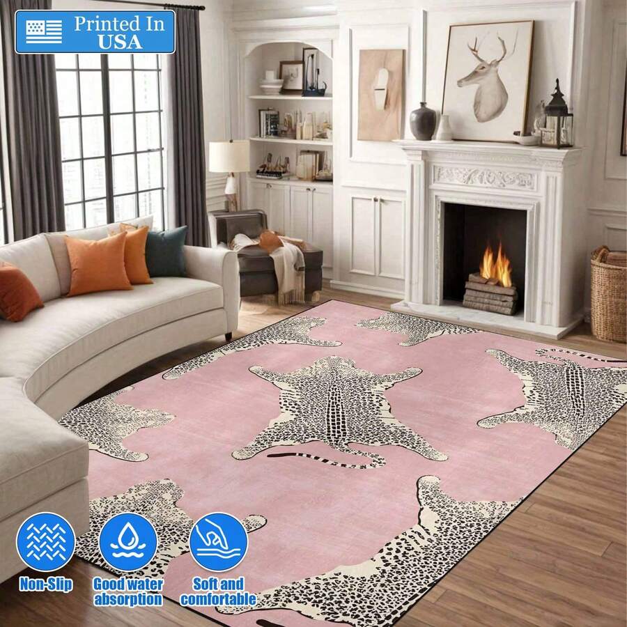 Light Pink Base Simple Cheetah Animal Print Polyester Fiber Carpet Casual Reception Living Room Sofa Anti Slip Mat Soft Cream Style Home Furnishing Gentle Aesthetic Floor Ornament For Adult Young Women Home Decor Piece