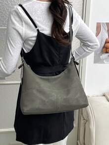 极简主义女士单肩包，大容量新月形包，百搭休闲街头手提包 - 橄欖綠 - 查看 7