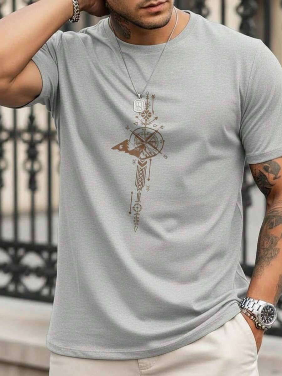 Stylish Basic Short-Sleeve Men's T-Shirt With Compass Street Print, Breathable Fabric - 灰色 - 查看 1