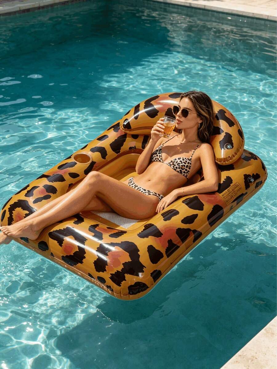 Juego de 1/2/3 piezas de sillas inflables para descansar, con elementos de estampado de leopardo y vaca, con almohada, adecuado para agua, piscina, playa, fiesta temática, flotador inflable de agua, flotador inflable de piscina, asiento de descanso en el agua, bomba de aire se vende por separado - Sillón individual con estampado de leopardo - Ver 1