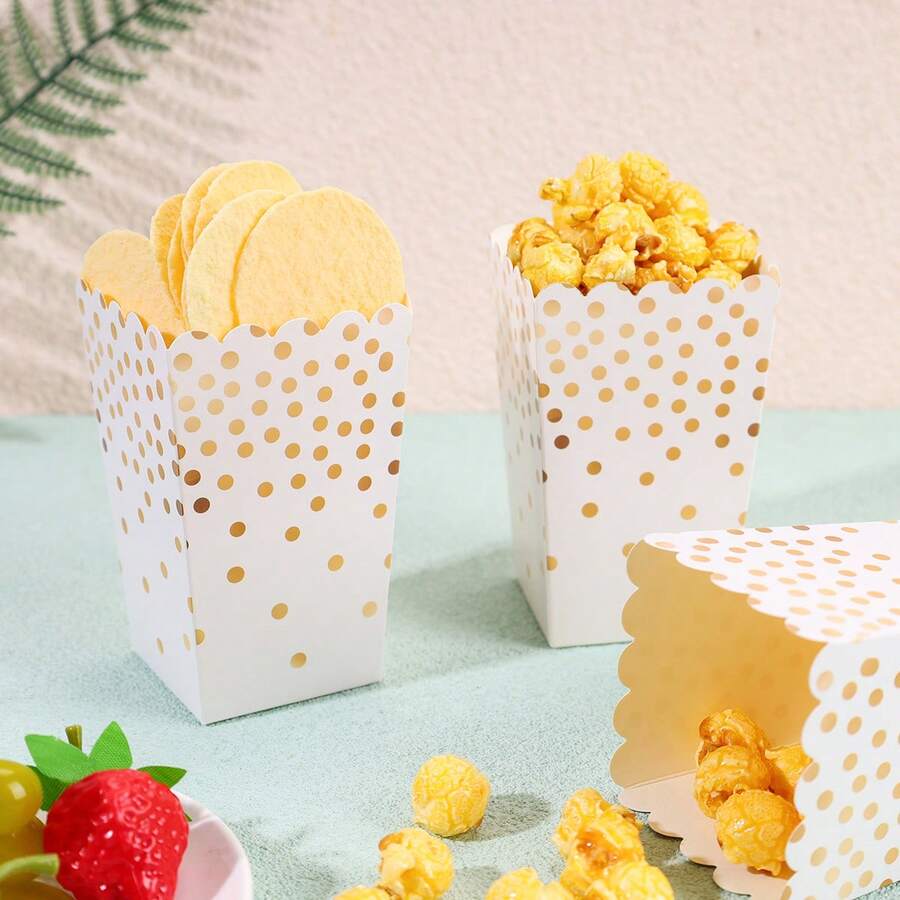 White & Gold Polka Dot Popcorn Boxes, Metallic Gold Dot Print Disposable Paper Snack Containers, 4.52x2.95x2.16 Inch Treat Boxes For Adult Birthday Party, Bridal Shower, Wedding Reception, Graduation Celebration, Backyard Gathering, Movie Night, Carnival, Outdoor BBQ, Party Favors, Candy Buffet, Dessert Table Decor, Sturdy Paper Popcorn Holders Multi Size Optional With 10PCS 20PCS 50PCS 100PCS For All Adult Celebration Occasions - Multicolor - View 1