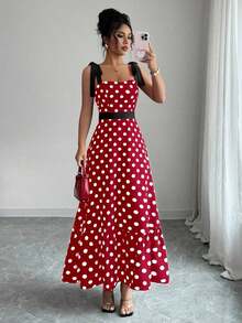 Vestido largo de lunares sin tirantes, con detalles rojos y estilo retro para mujer - Rojo y blanco - Ver 3