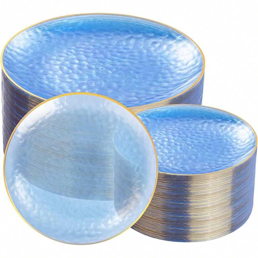 Đĩa ăn tối màu xanh trong suốt, chất lượng cao, có họa tiết búa gõ, trang nhã, thích hợp cho đám cưới, tiệc tùng, sinh nhật, tiệc trà chiều, họp mặt gia đình, tiệc buffet khách sạn, lễ kỷ niệm, bộ đồ ăn có thể tái sử dụng. - Màu xanh lam - Xem 1