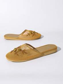 Sandal Datar Emas, Sandal Kulit Tanpa Bagian Belakang dengan Jaring Besar Gaya Eropa dan Amerika, Sepatu Musim Panas, Elegan, Sandal, Renda - Emas - View 7