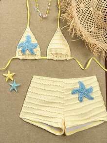 Nuevo conjunto de 2 piezas de traje de baño de verano para mujer con pantalón de pierna recta, top halter con estampado de tela texturizada multicolor con decoración de estrellas de mar, para vacaciones en la playa - amarillo ganso - Ver 4