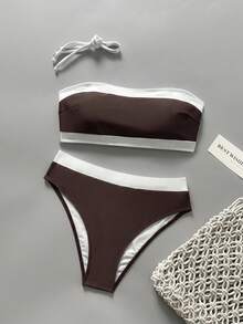 Nuevo bikini bandeau de unicolor con tirantes desmontables, sexy y de moda, para mujer, adecuado para playa, fiesta de piscina, vacaciones de verano - Marrón - Ver 2
