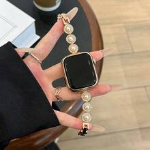 LuLuTom 1条奢华珍珠钻石星形金属表带，兼容 Series 11/10/9/8/7/6/SE/5/4/Ultra 2/3，适用于49mm（S10/S11）、46mm、45mm、44mm（S10/S11）、42mm、41mm、40mm、38mm表盘尺寸，时尚休闲手链配饰，舒适贴合。 - 玫瑰金 - 查看 4
