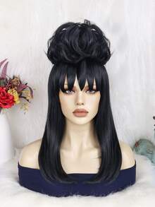 Schwarze Perücke mit vollem Pony und hohem Dutt, hitzebeständiges, seidiges, mattes und realistisches Haar, dunkler, edler Gothik-Stil, atmungsaktive Innenkappe, leicht zu tragen. Ideal für Halloween-Party, dunkle Cosplay, Retro-Hofball und Bühnenauftritte für Frauen. - Schwarz - View 5