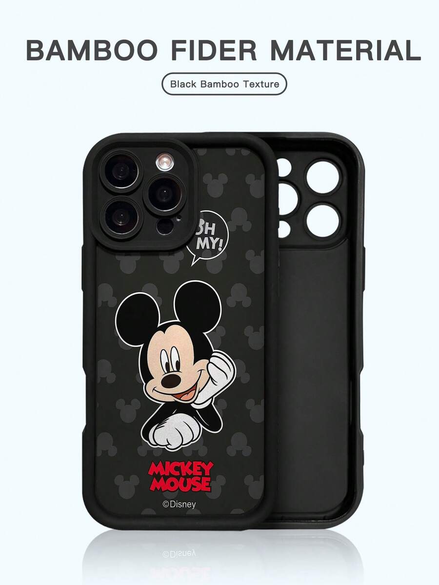 Miniso 1pc New High-Strength Bamboo Anti-Drop Phone Case, Authorized Disney Mickey Mouse Pattern, Unique Design, Thick Protective Cover Compatible With Apple IPhone 17 ProMax/Air, 16, 11/12/13/14 Plus, XR, 7/8 Plus, 15 ProMax - Black - View 1