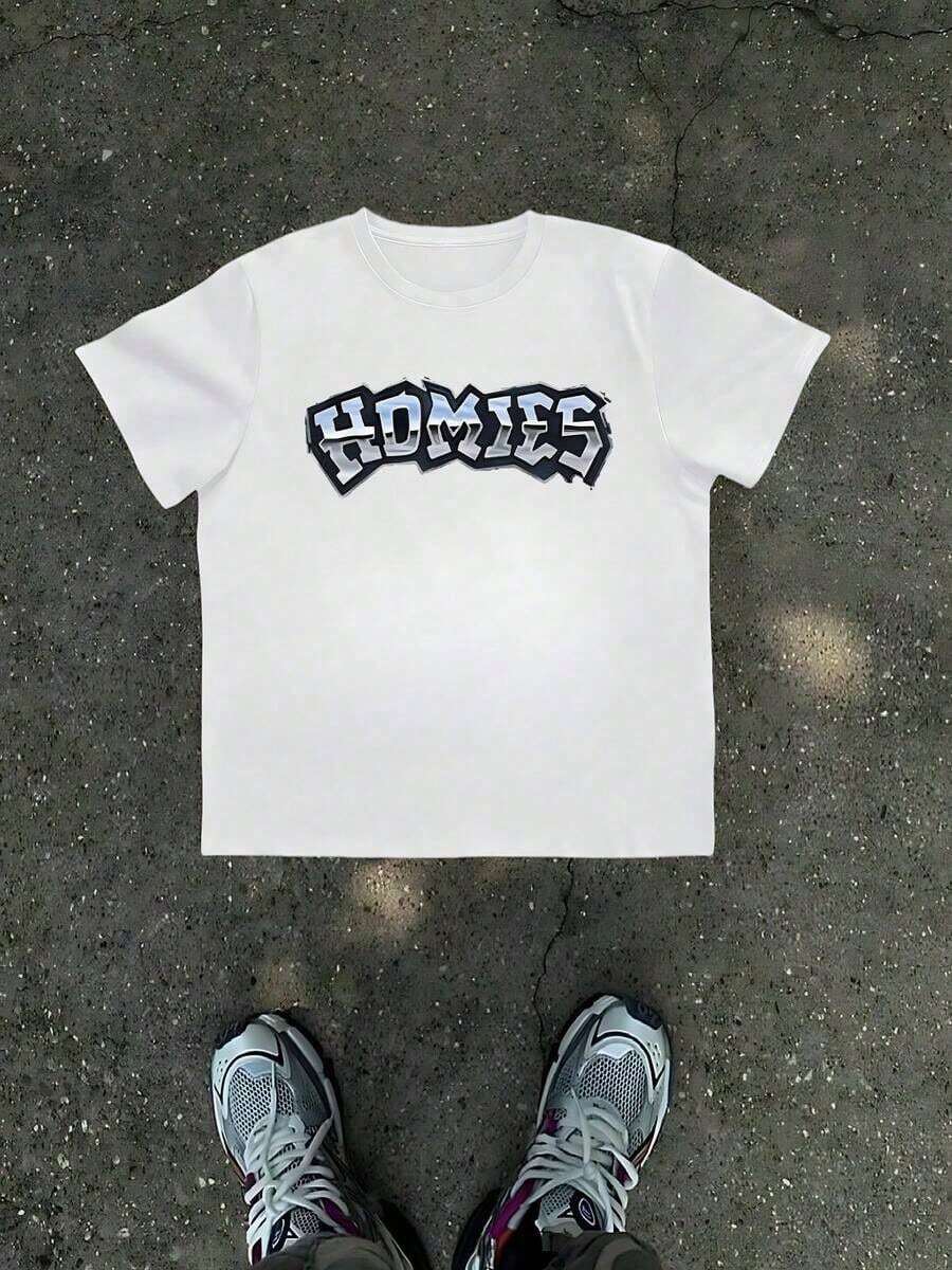 2026 Graphic Tees1Pcs Homies Graphic Print Men's T Shirt Casual Streetwear 100% Cotton TShirt Men's Summer Simple Tee Gift For Men, Gangster Style Urban Top, Fashionable Hip Hop Short Sleeve Crew Neck Black Teeshirts Graphicshirts Graphic - 白色 - 查看 1