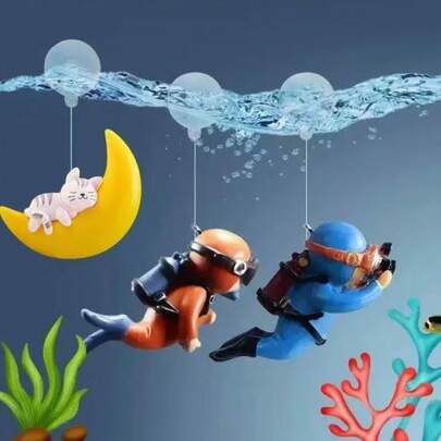 Bộ tượng phù thủy nổi trang trí bể cá, phụ kiện bể cá hình mèo mặt trăng lặn dưới nước.