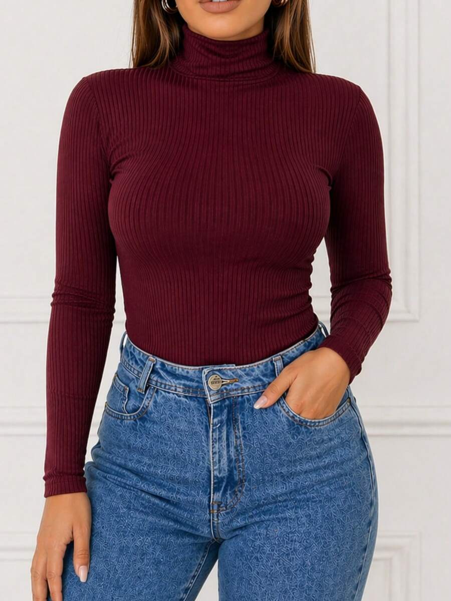 Women's Ribbed Turtleneck Long Sleeve Fitted Basic Chic Autumn Winter Knit Everyday - Màu Đỏ Sâu - Xem 1